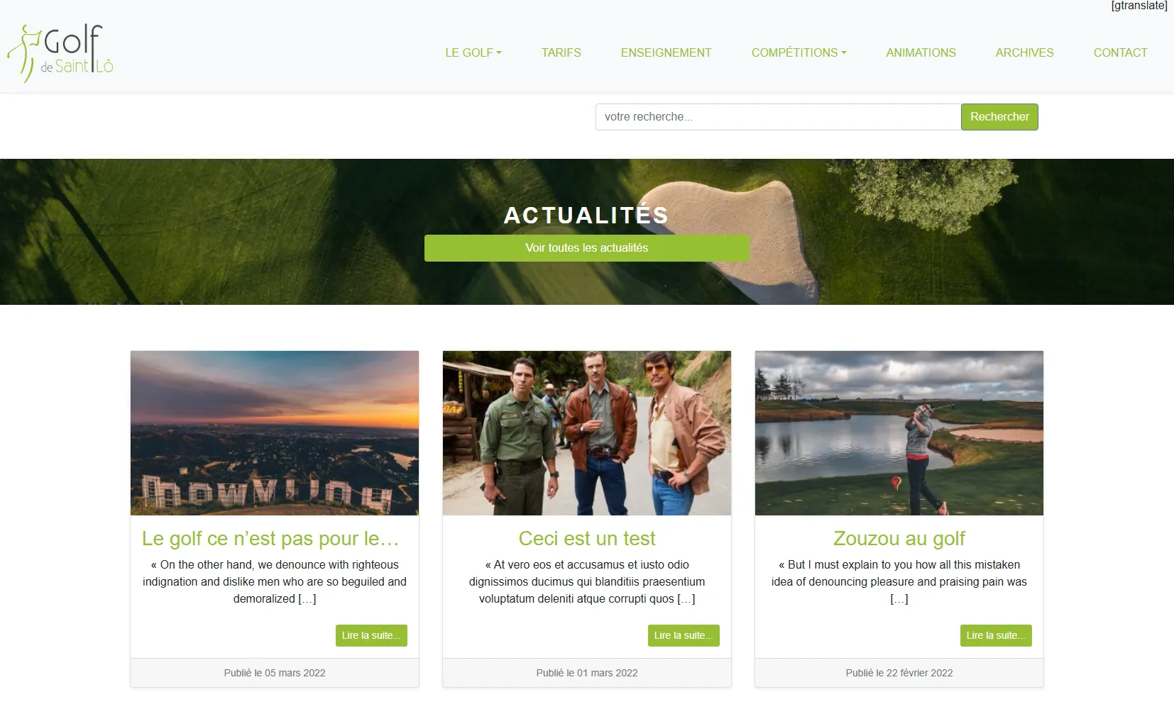 Home page of website golf club